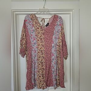 Floral Patchwork Mini Dress - Pink and Cream